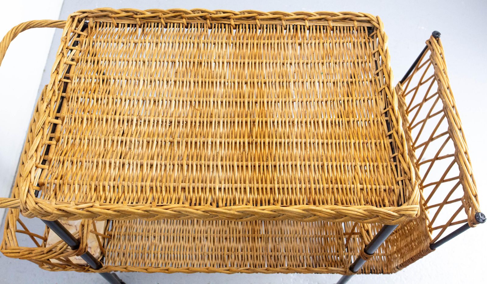 Midcentury Rattan And Black Metal Raoul Guys Trolley Bar Cart, Circa 1950 photo vintage