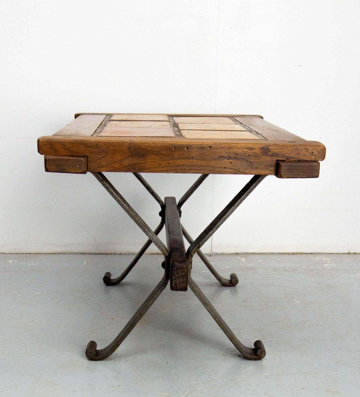 French Terracotta Tiles & Chestnut Top & Wrought Iron Coffee Table, Circa 1960 photo vinterior