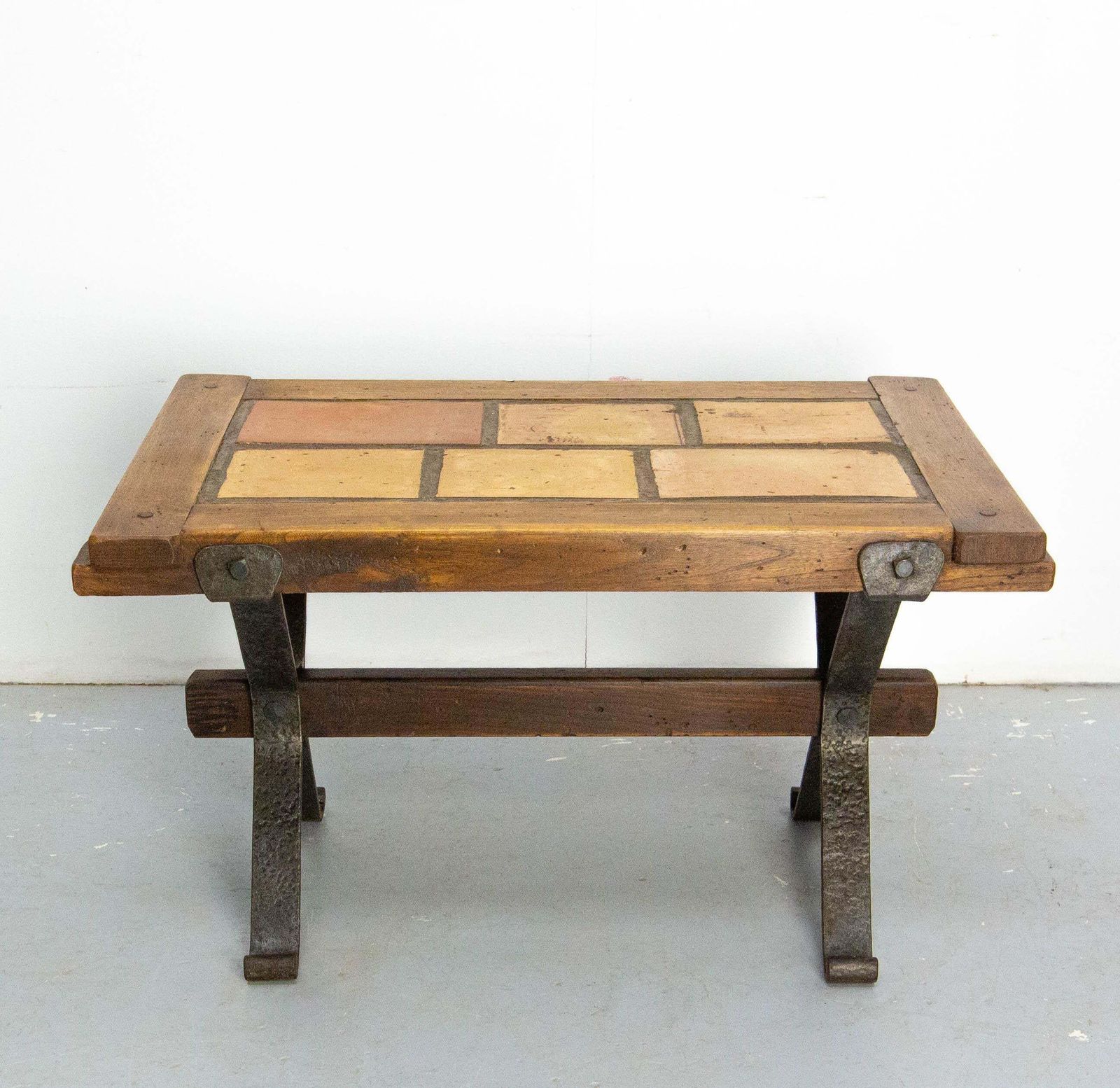 French Terracotta Tiles & Chestnut Top & Wrought Iron Coffee Table, Circa 1960 photo buy