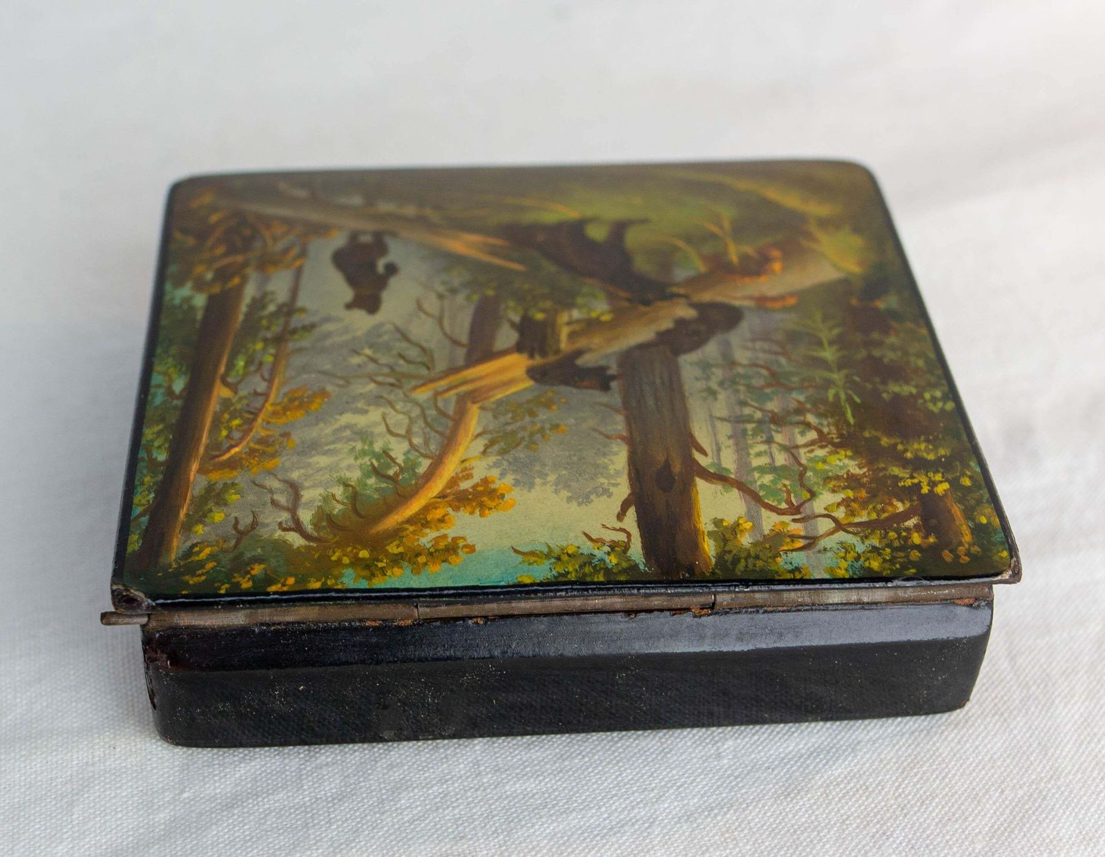 Russian Fedoskino Lacquered Box "Morning In A Pine Forest", Family Bear 1965 photo vinterior