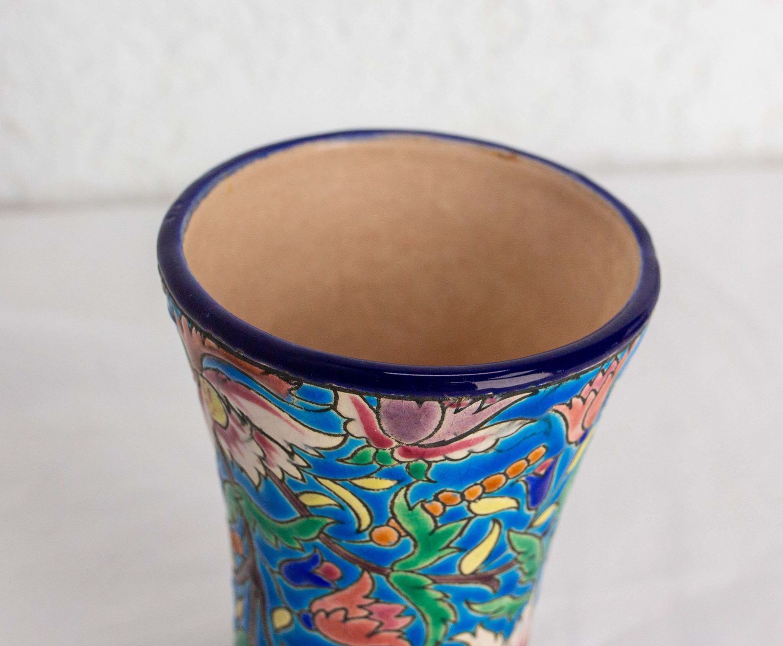 French Enameled Vase Longwy Manufacture Blue With Vegetal Motifs Circa 1960 photo 451.0