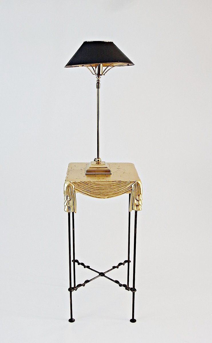 Side Table And Table Lamp In Wrought Iron And Brass, 1990s, Set Of 2