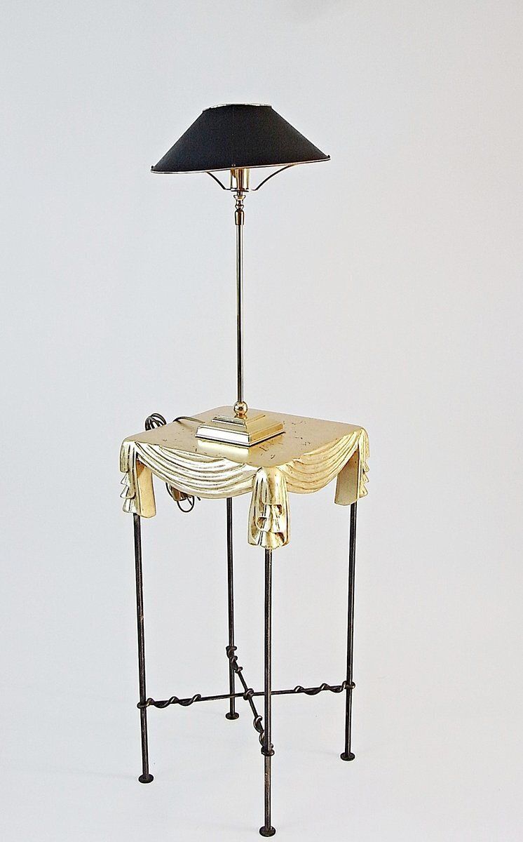 Side Table And Table Lamp In Wrought Iron And Brass, 1990s, Set Of 2 photo furniture