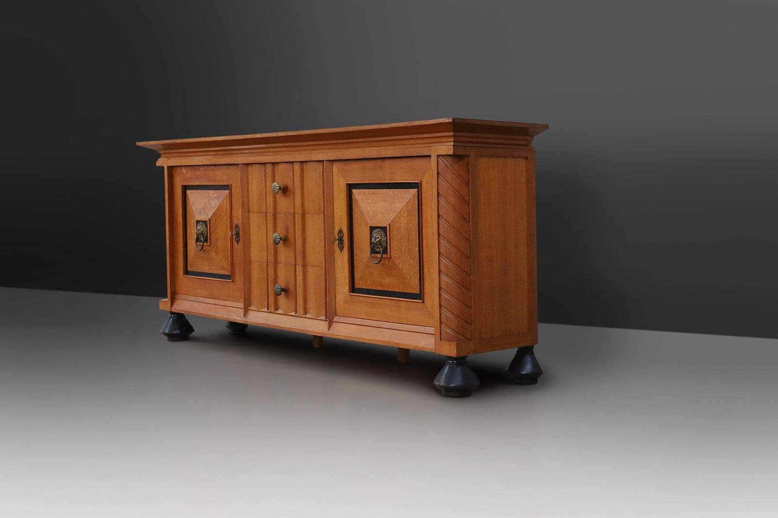 Art Deco Brutalist Belgian Sideboard In Oak And Brass Details, 1940s photo furniture