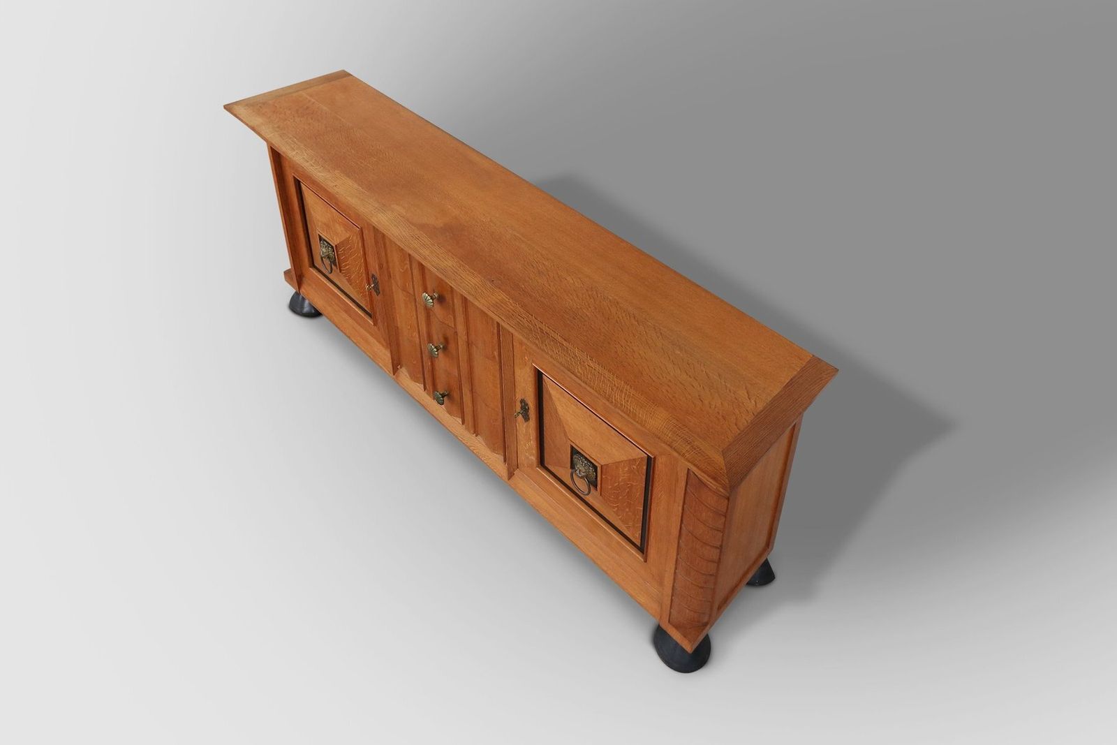 Art Deco Brutalist Belgian Sideboard In Oak And Brass Details, 1940s photo for sale