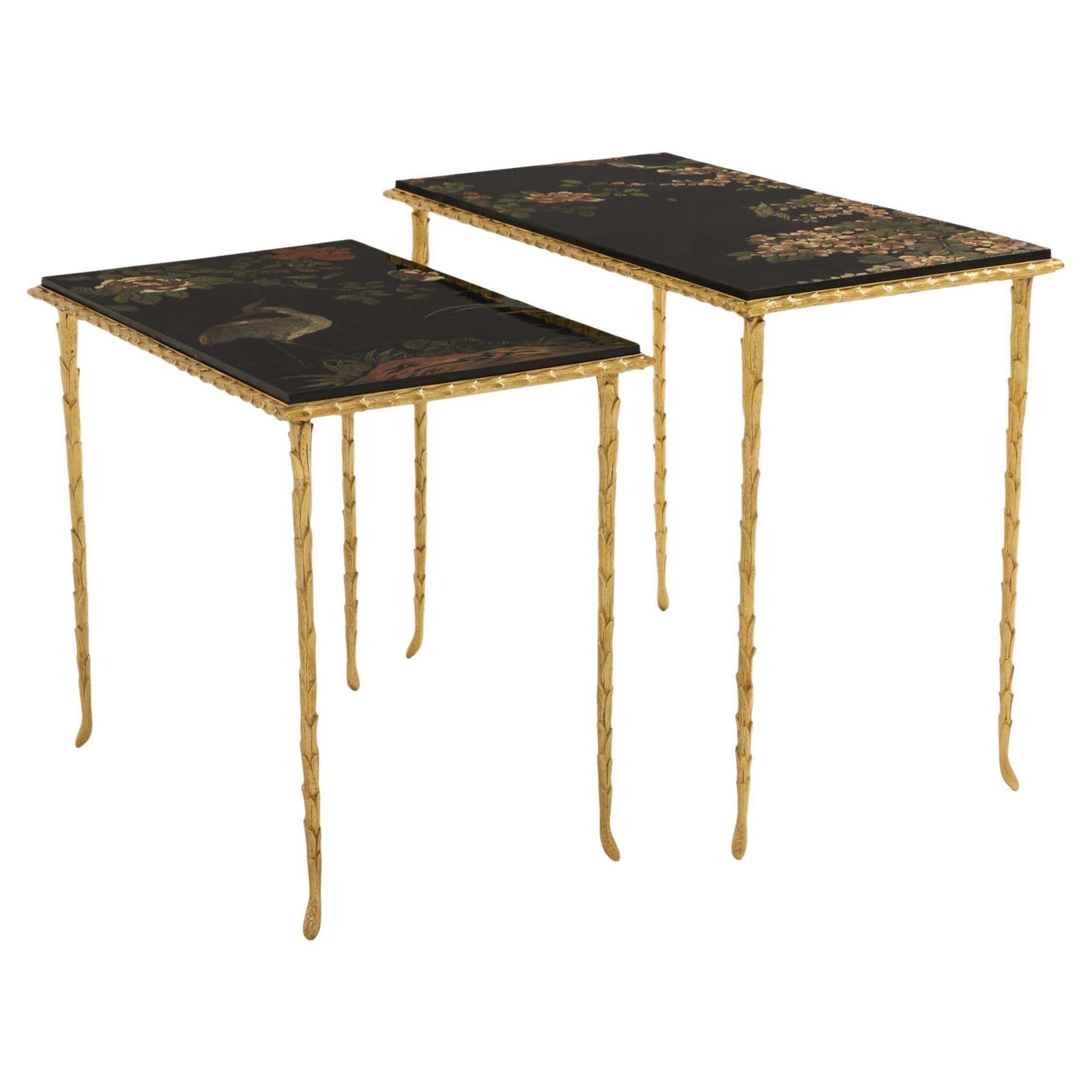 Maison Baguès Foliage Gilt Bronze Chinoiserie Lacquered Side Tables 1950s