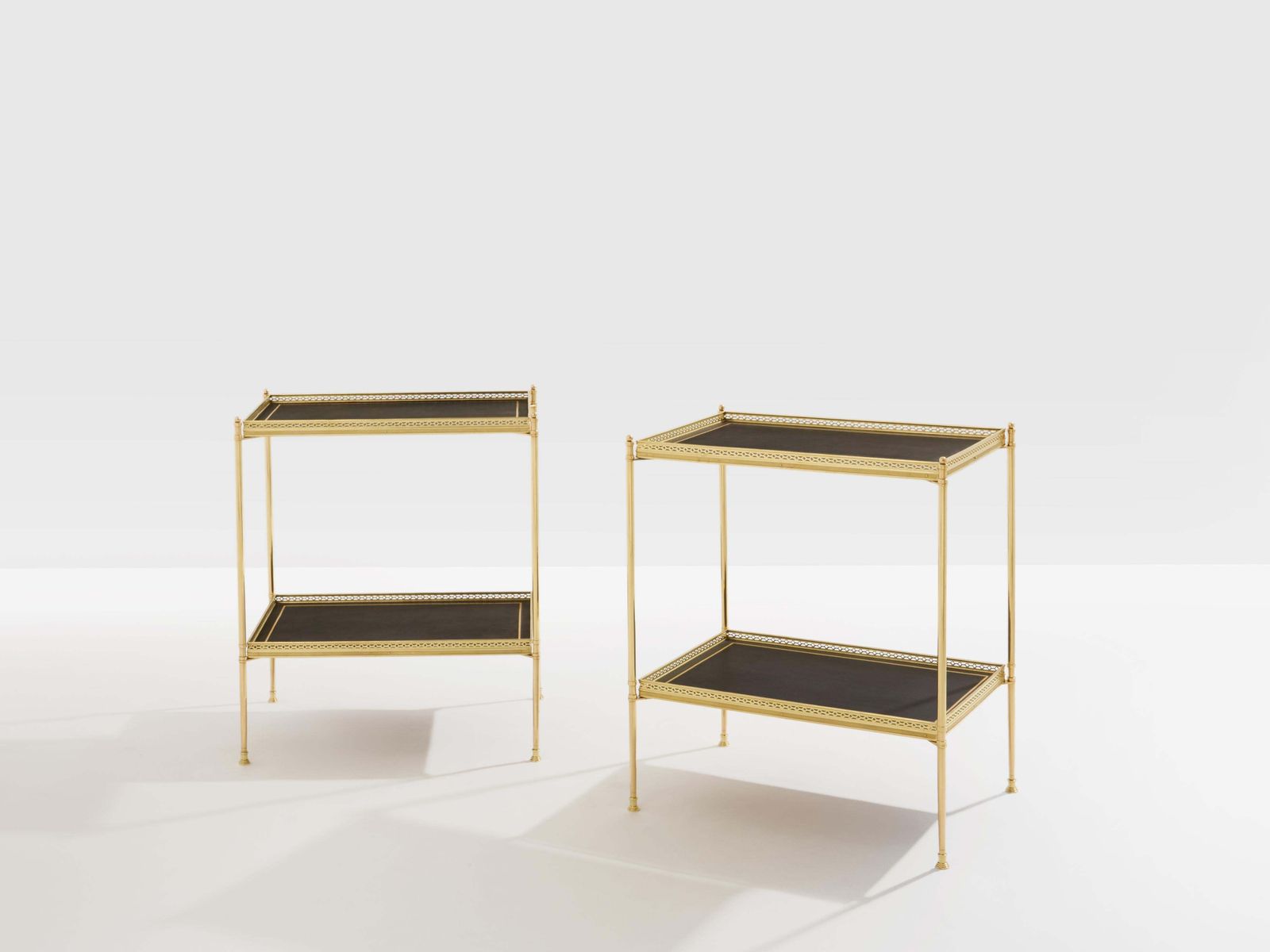 Maison Jansen Pair Of Two Tier Side Tables Brass Black Leather 1960s photo furniture