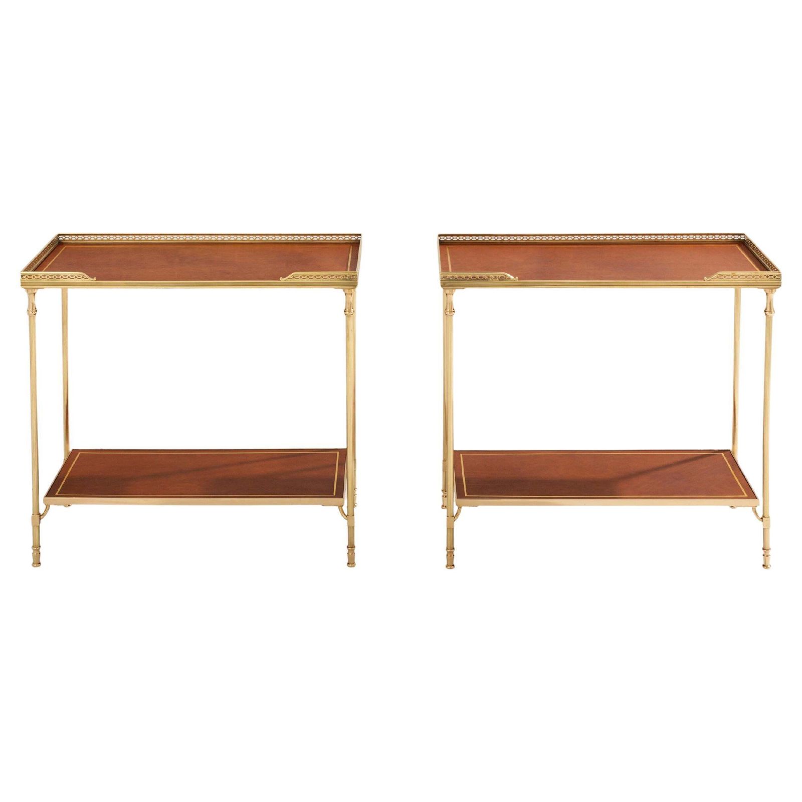 Maison Jansen Pair Of Two Tier Side Tables Brass Brown Leather 1960s