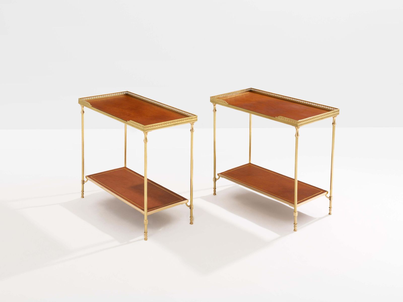 Maison Jansen Pair Of Two Tier Side Tables Brass Brown Leather 1960s photo furniture