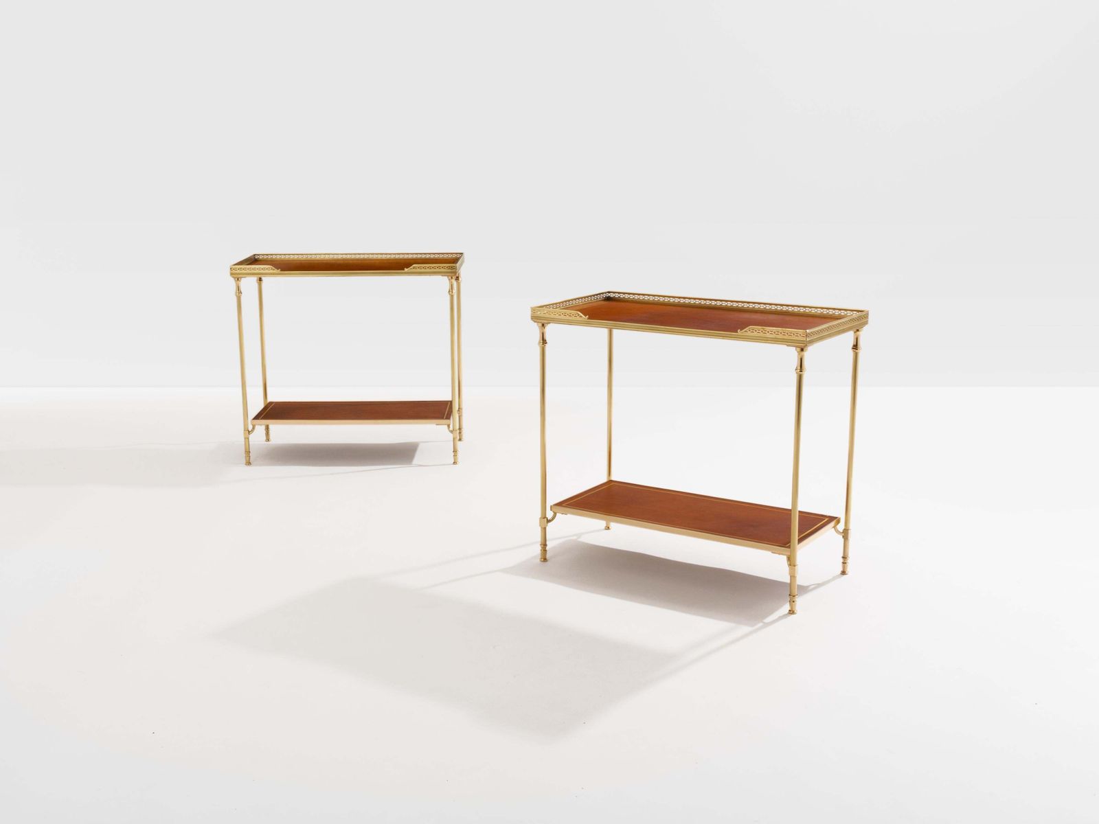 Maison Jansen Pair Of Two Tier Side Tables Brass Brown Leather 1960s photo Furniture