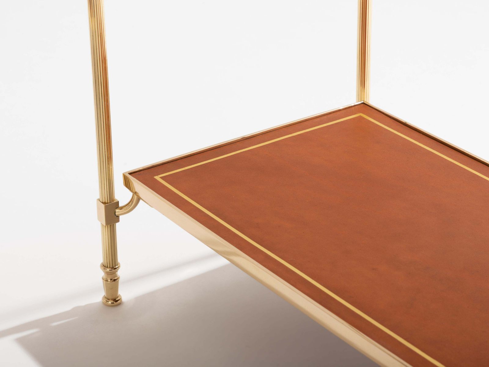 Maison Jansen Pair Of Two Tier Side Tables Brass Brown Leather 1960s photo vinterior