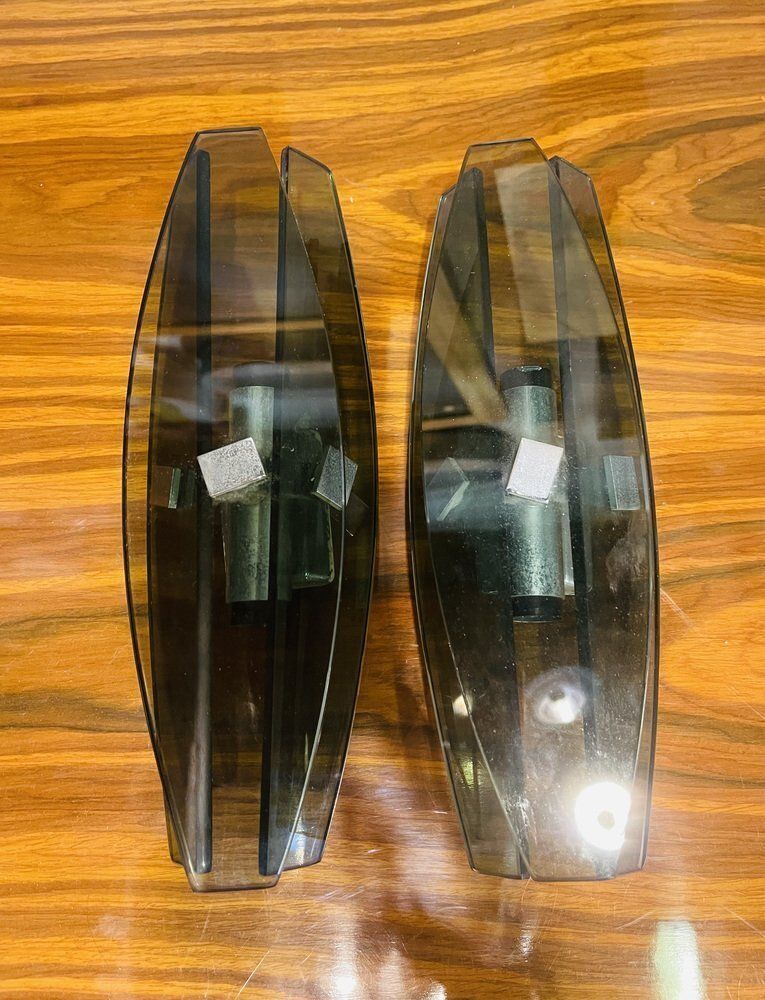 Smoked Glass Wall Lamps With Chrome Inserts From Fontana Arte, Set Of 2 photo Lighting
