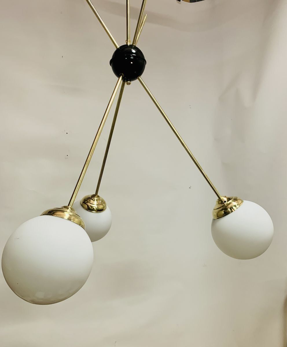 Mid Century Chandelier In Brass And Satin Opal Glass, Italy, 1960s photo for sale