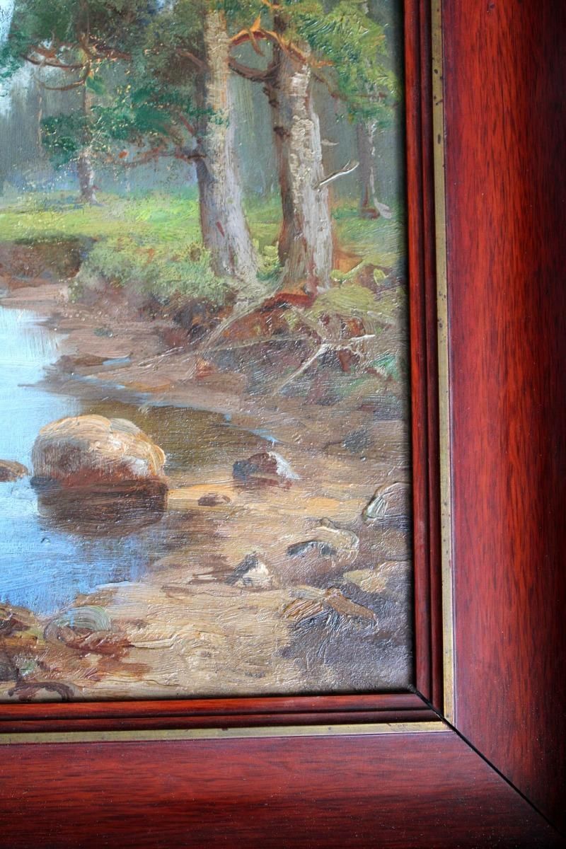 Semyon Sergeevich Platonovpine Trees On The River Bank  Cardboard, Oil, 39x20 Cm photo Art