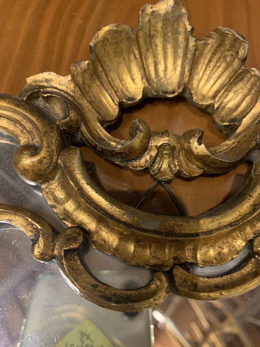 Italian Carved Wood Wall Lamp With Mercury Mirror And Gold Gilding, 1960s photo vinterior