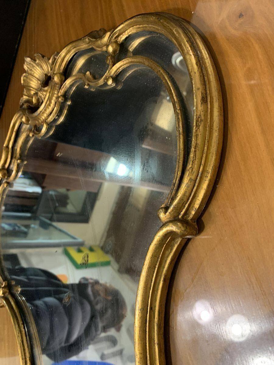 Italian Carved Wood Wall Lamp With Mercury Mirror And Gold Gilding, 1960s photo buy