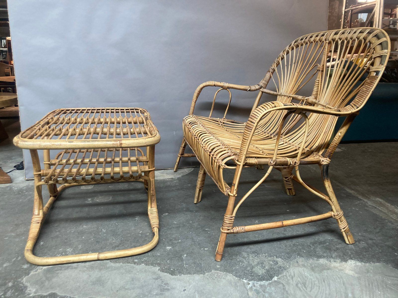 Rattan Loveseat And Table, 1950s, Set Of 2 photo furniture