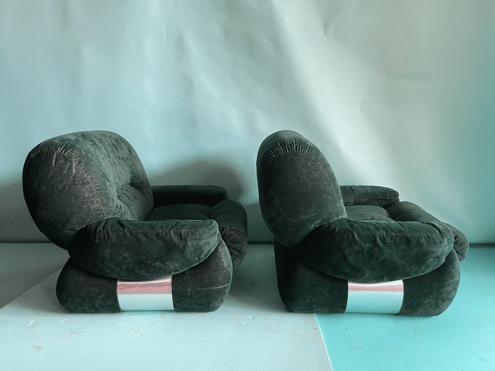 Furniture Italian Green Velvet Lounge Chairs,1970s, Set Of 2 photo