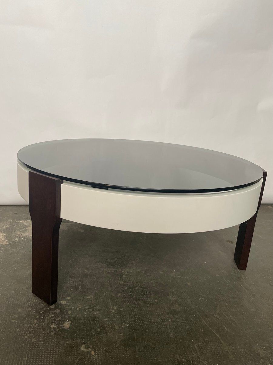 Round Coffee Table In White And Wengé With Smoked Glass Top, 1970s photo furniture
