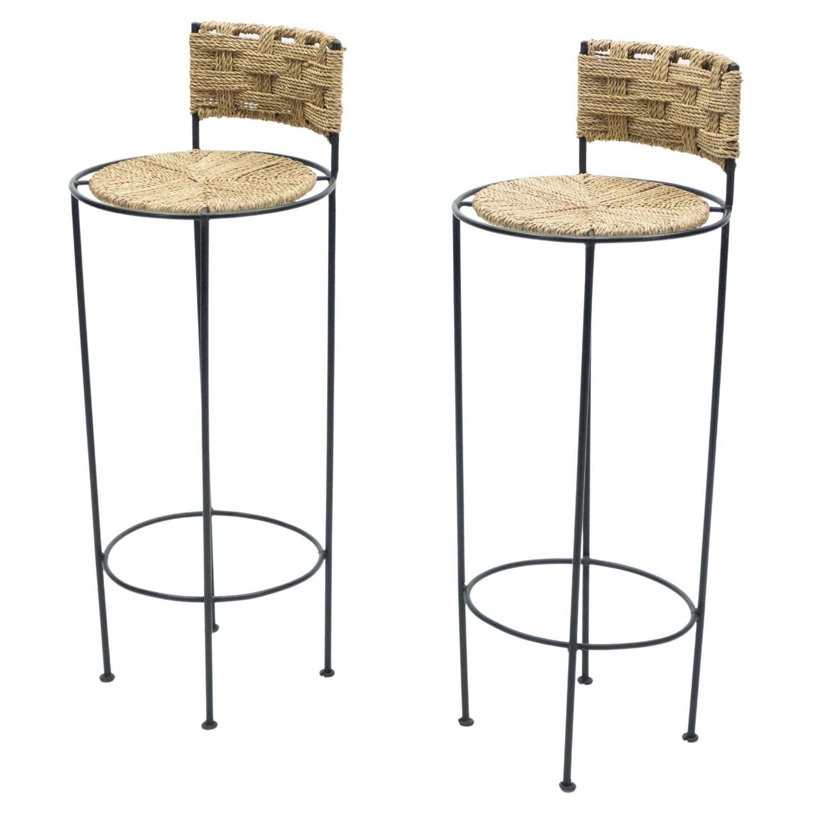 Pair Of French Bar Stools Rope And Metal Attributed To Audoux Minet