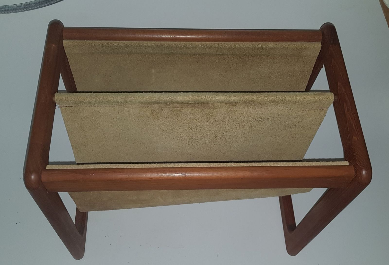 Mid Century Danish Teak Newspaper Stand With Suede Pockets