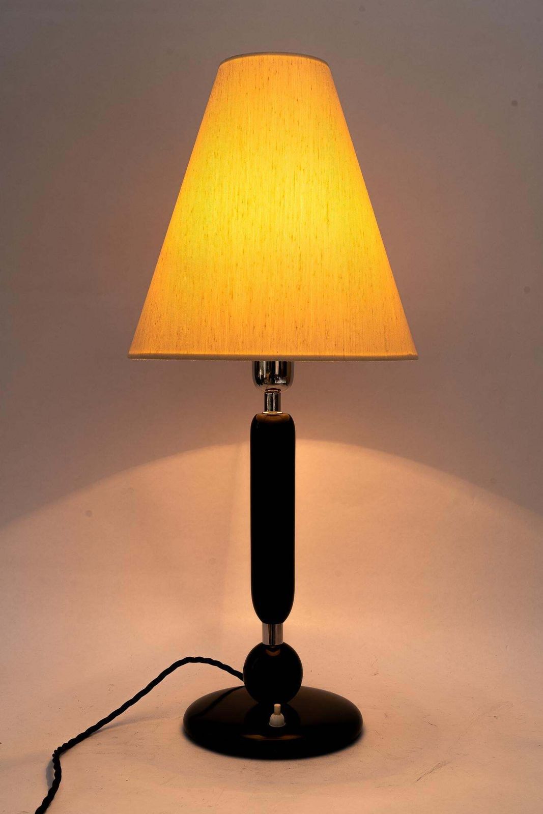 photo furniture Big Wood And Nickel Table Lamp With Fabric Shade Around 1920s
