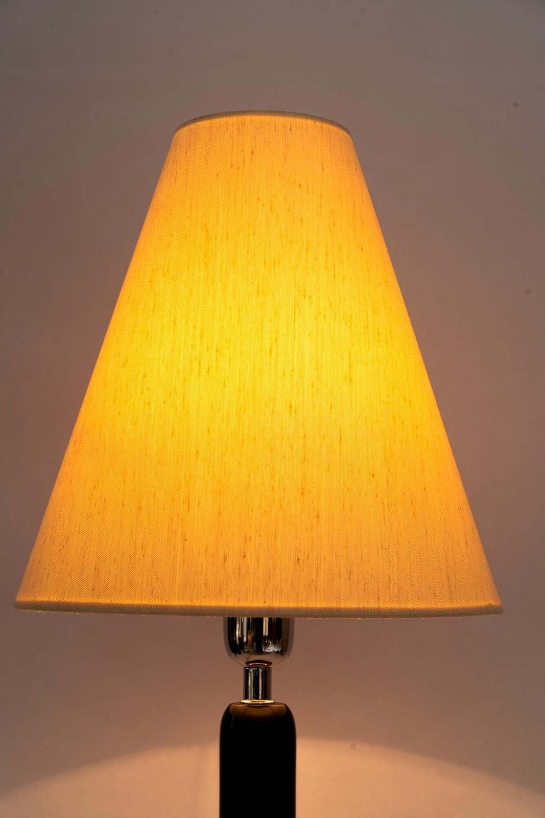 photo for sale Big Wood And Nickel Table Lamp With Fabric Shade Around 1920s