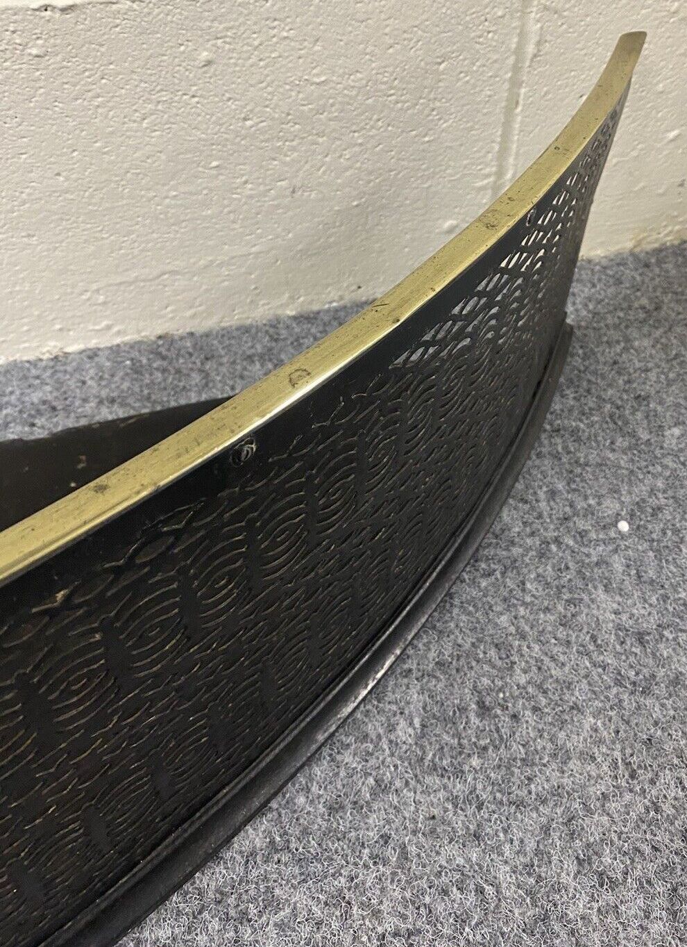 Large Curved Period Fire Place Fender Black Steel Fretwork And Brass photo vinterior