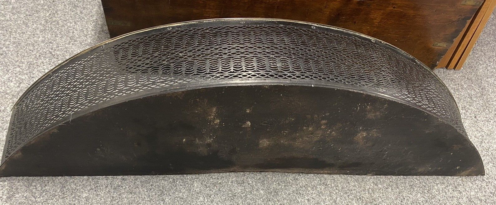 195.0 Large Curved Period Fire Place Fender Black Steel Fretwork And Brass photo