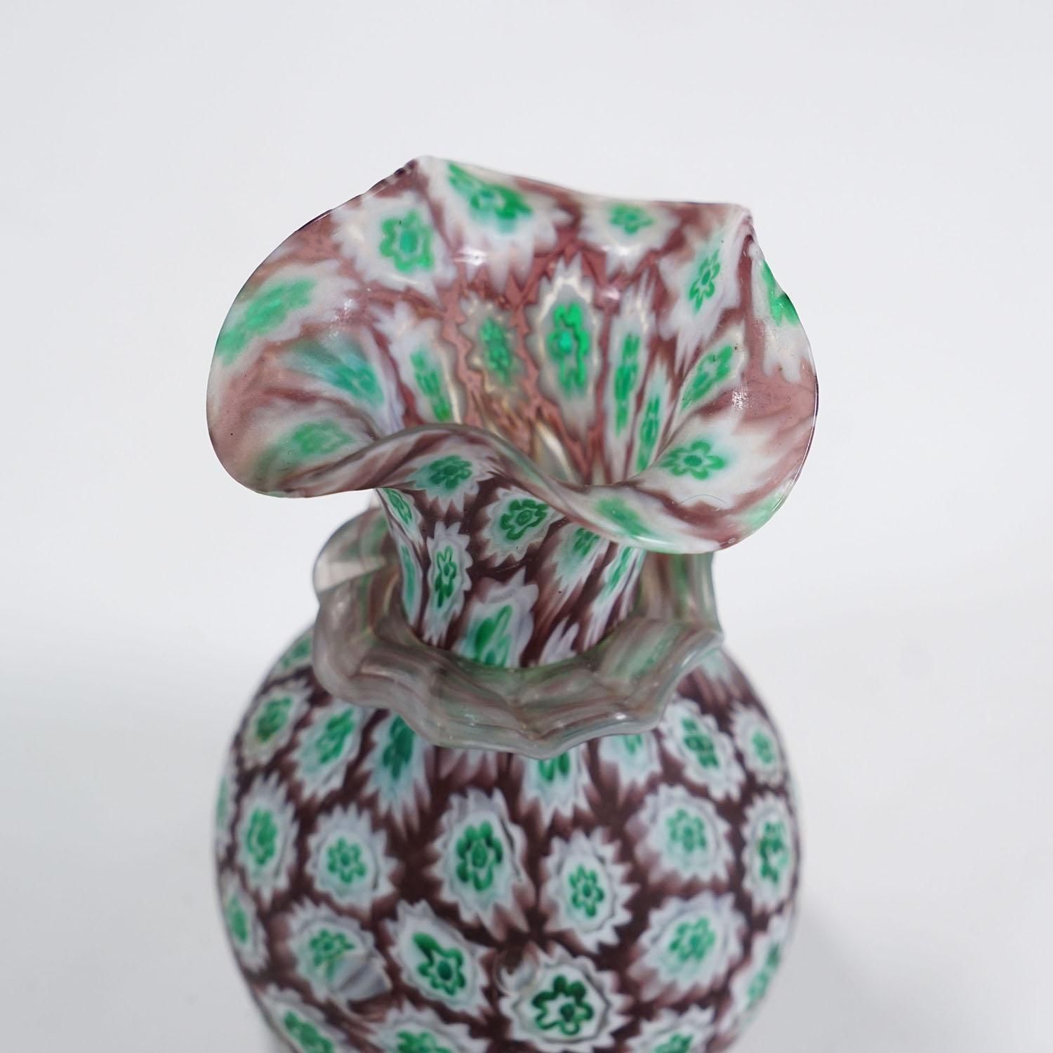 Antique Millefiori Vase Green And Brown With Rim, Fratelli Toso Murano Ca. 1920s photo Home Decor