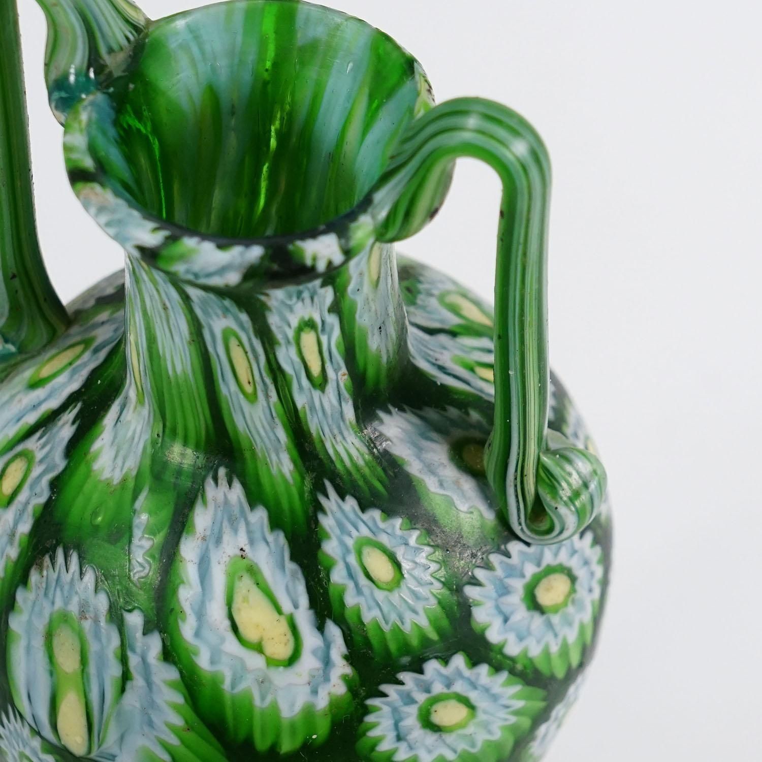 Antique Millefiori Vase Green With Handles, Fratelli Toso Murano Ca. 1920s photo vinterior