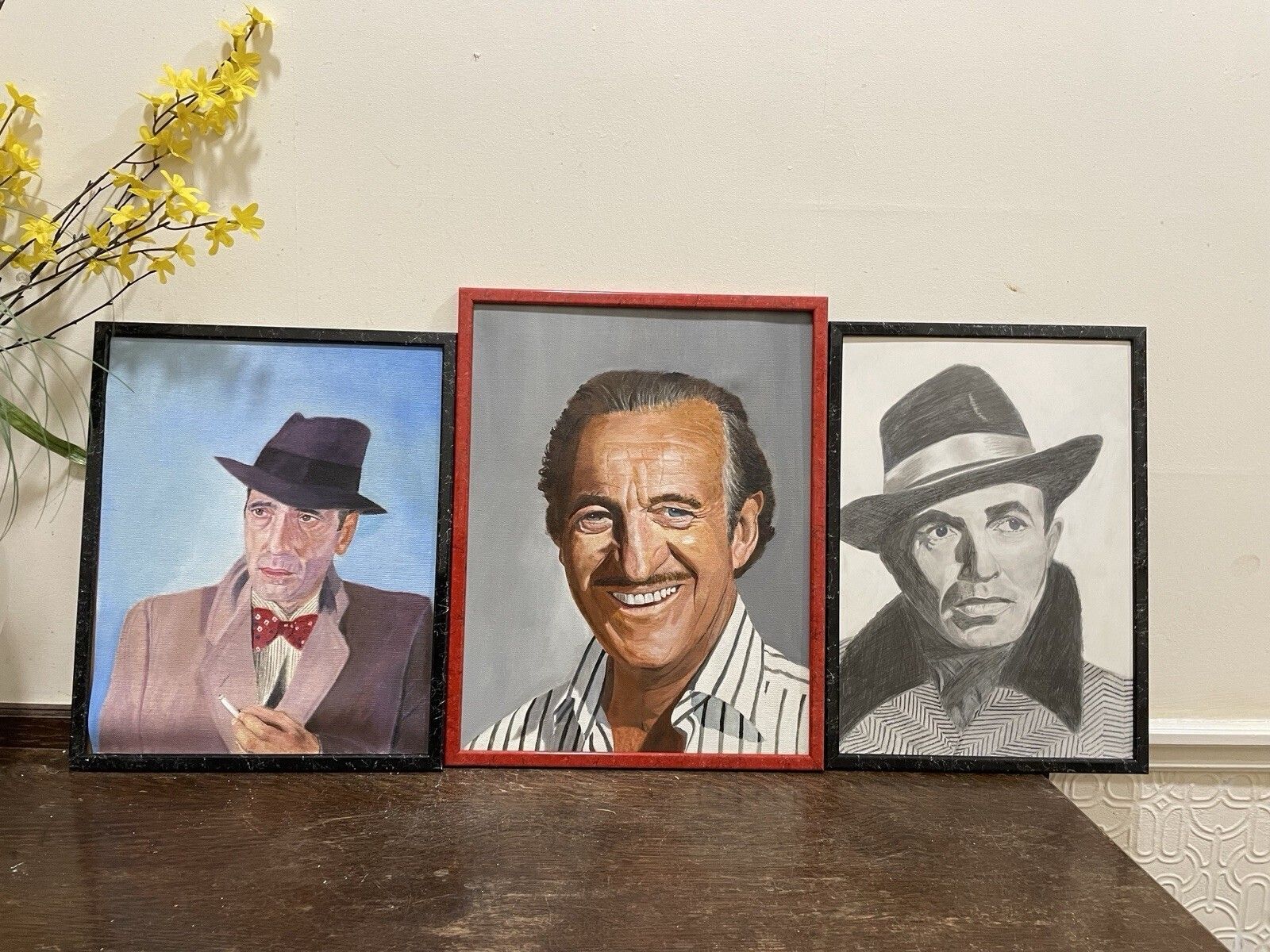 3x Vintage Oil Paintings/ Drawings Movie Flim Bogart Niven ? Hilton Kenworthy