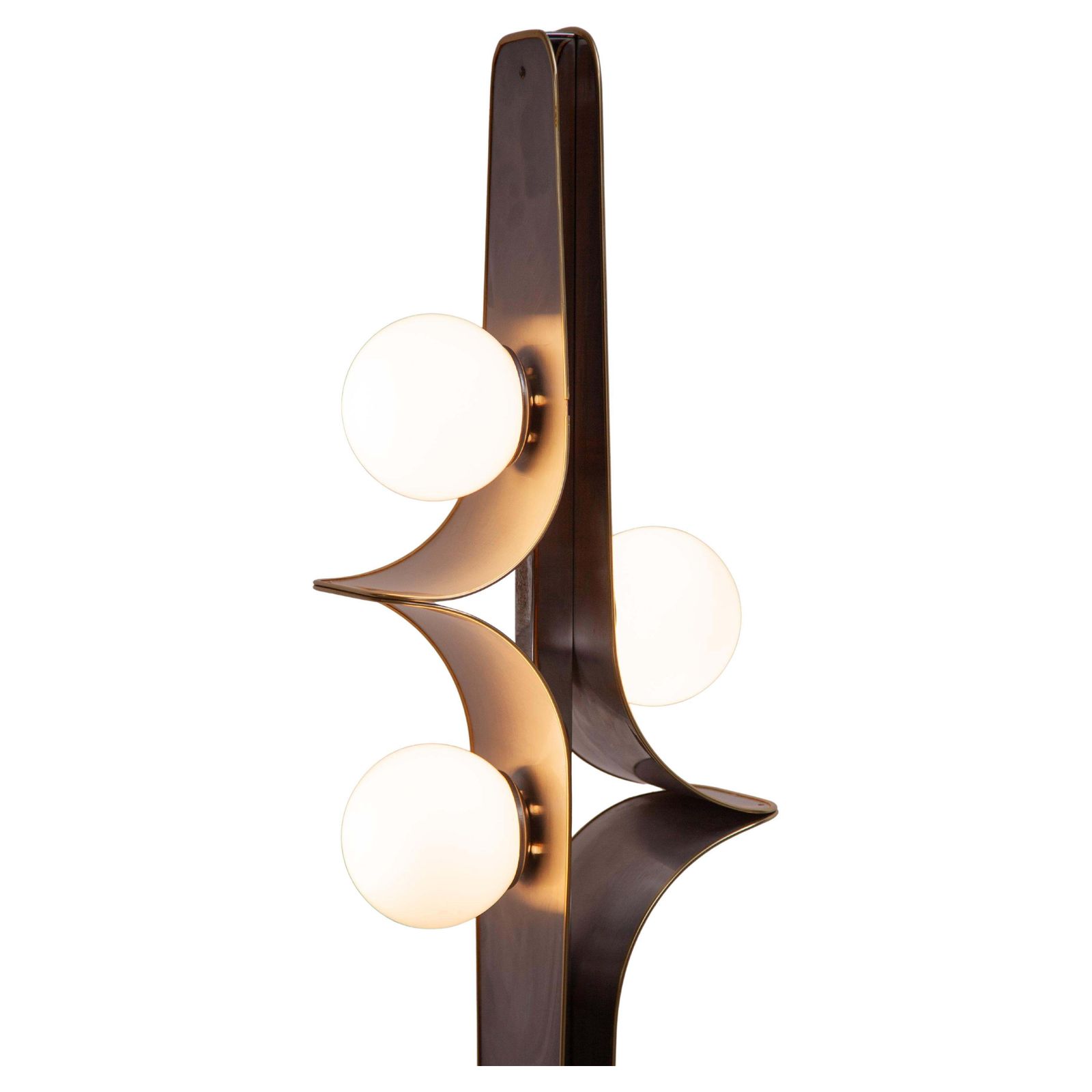 Rare Floor Lamp, Brushed Metal, Brass, Opaline Globes Murano, 1960s