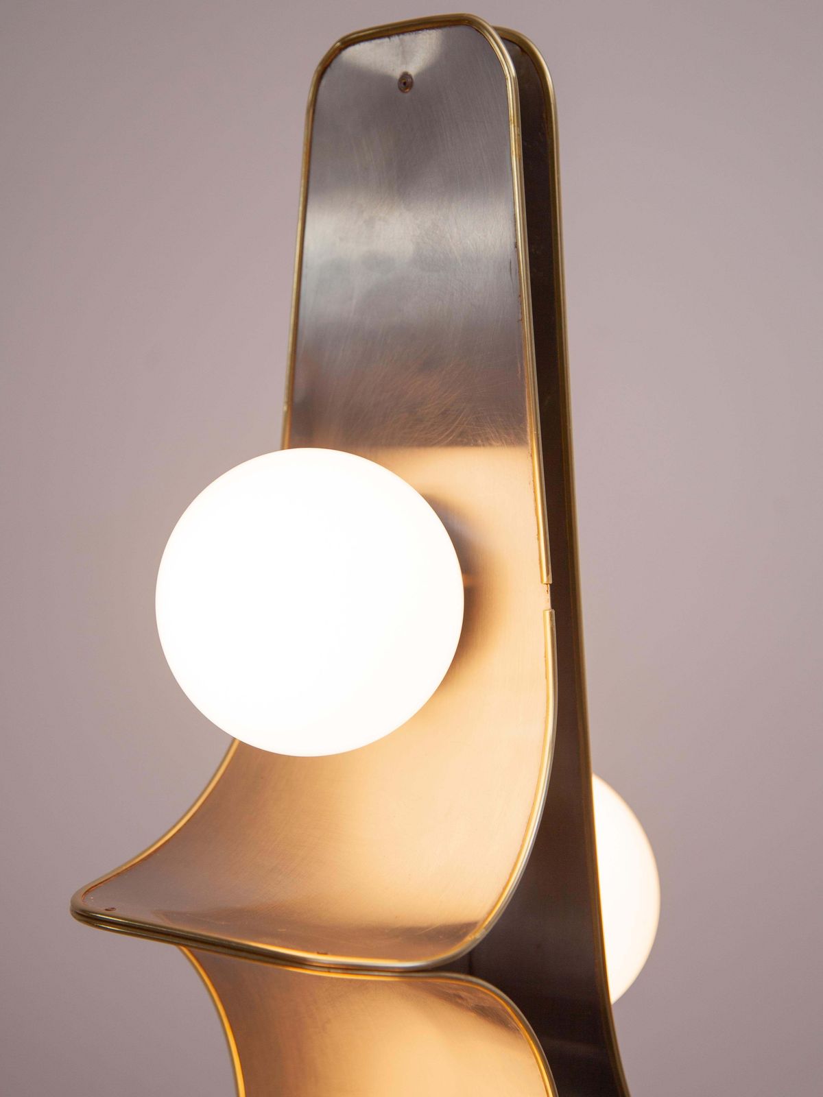 photo for sale Rare Floor Lamp, Brushed Metal, Brass, Opaline Globes Murano, 1960s