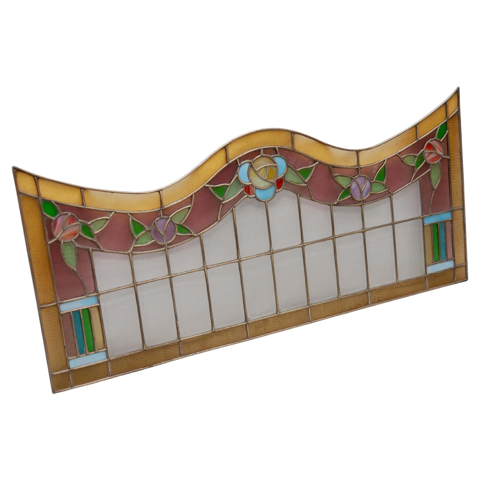 Art Deco Stained Flower Quirlande Glass Window In Etched Glass And Brass photo furniture