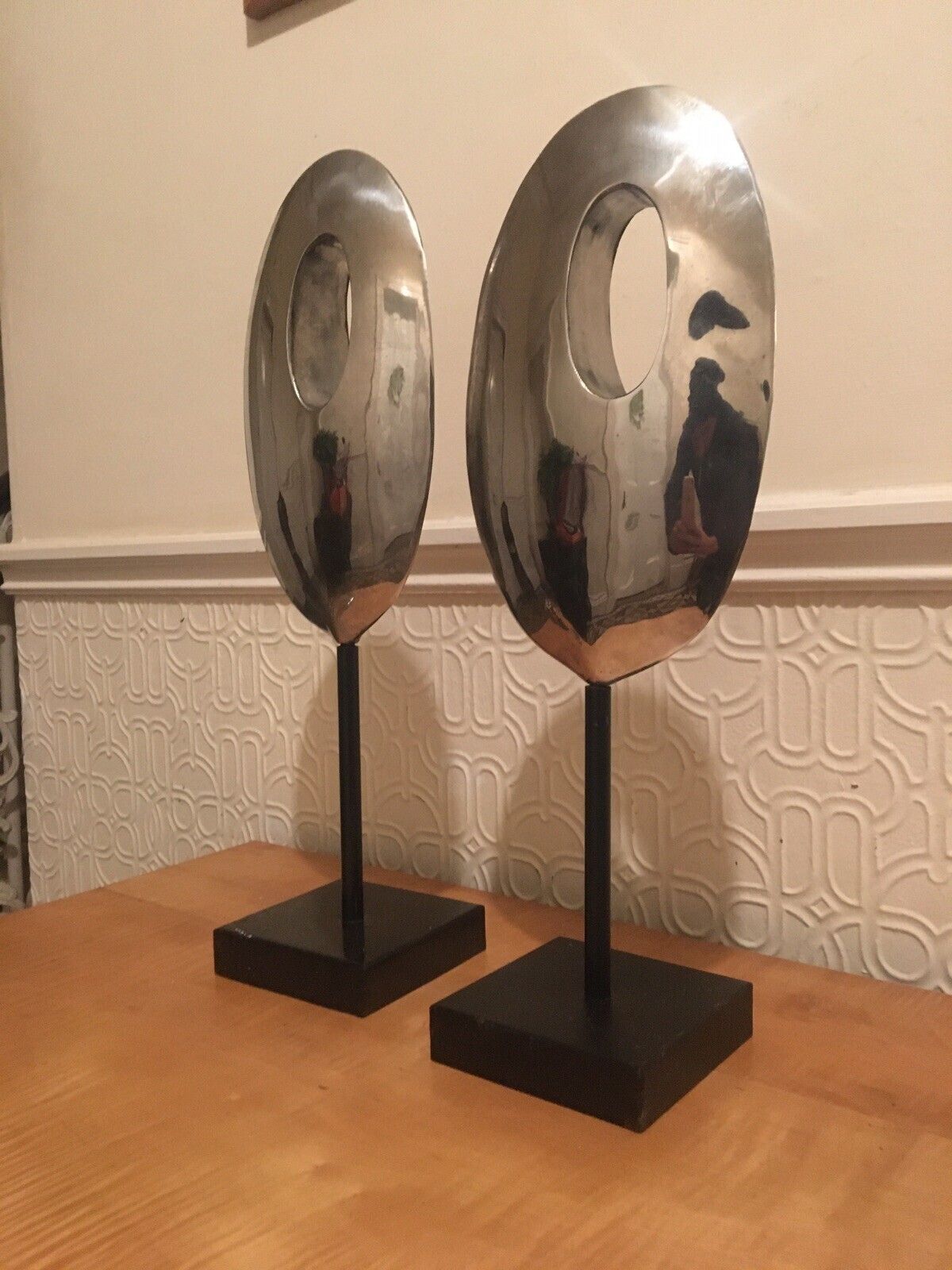 Pair Mid Century Modernist Minimalist Stainless Steel Abstract Sculptures photo vintage