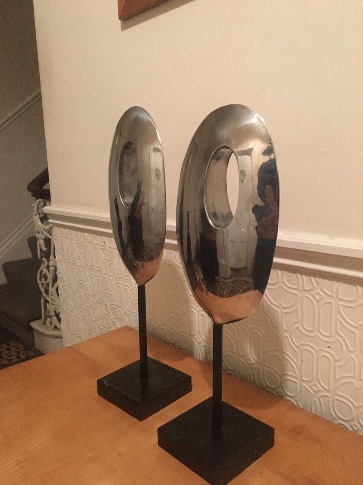 photo for sale Pair Mid Century Modernist Minimalist Stainless Steel Abstract Sculptures