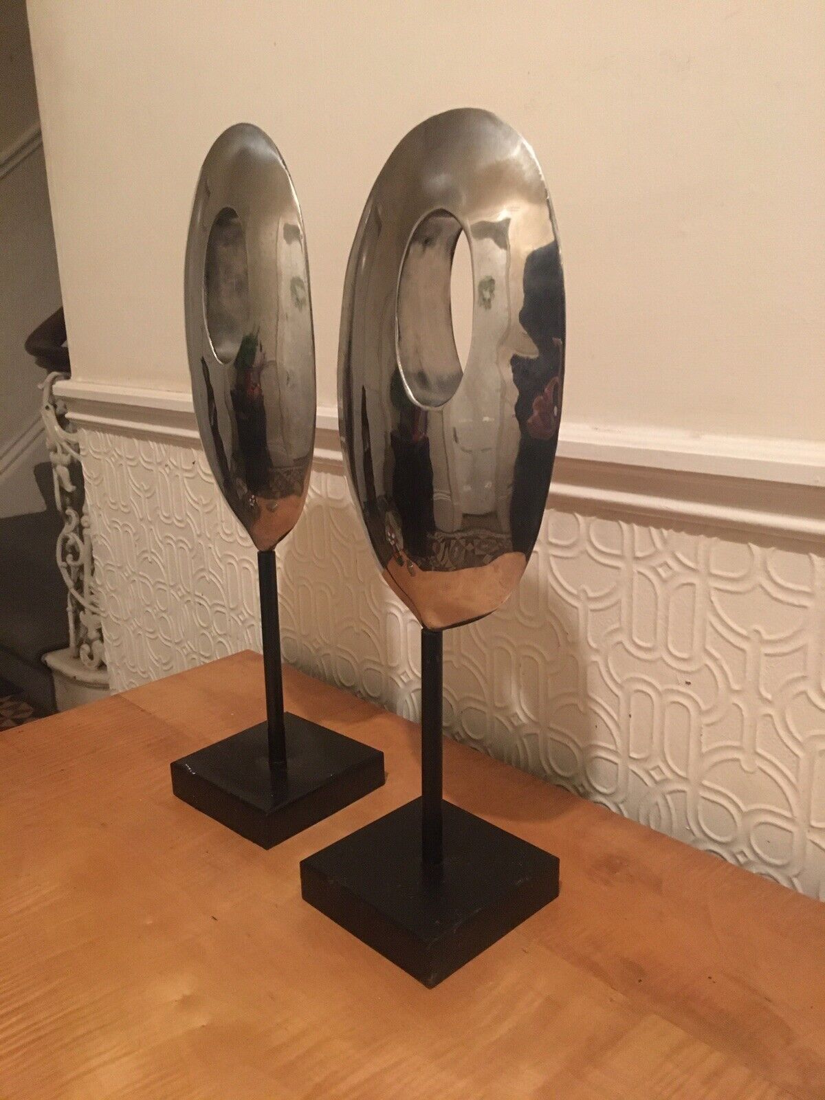 Art Pair Mid Century Modernist Minimalist Stainless Steel Abstract Sculptures photo