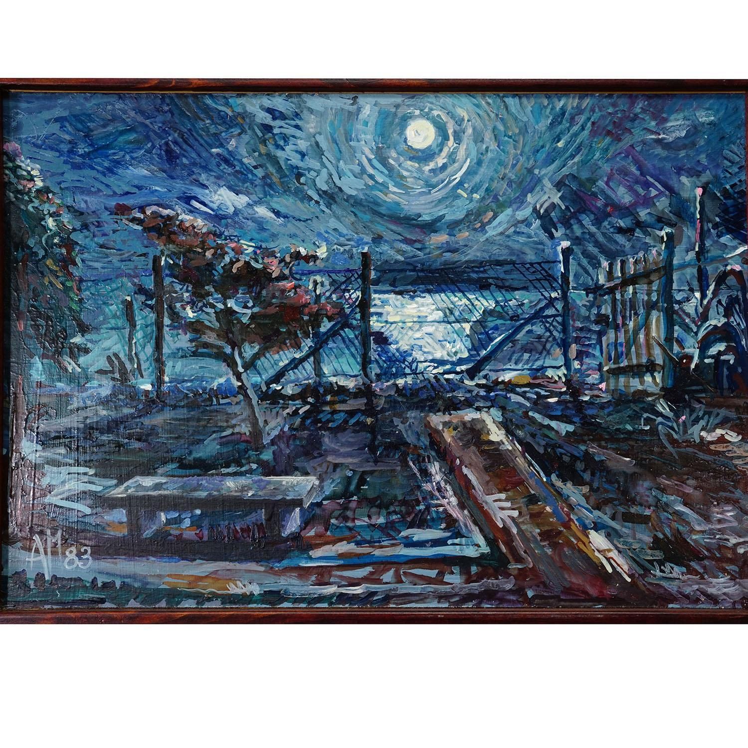 Impressionist Style Oil Painting Moonlight Scene, 1983 – Alexander Michael photo for sale