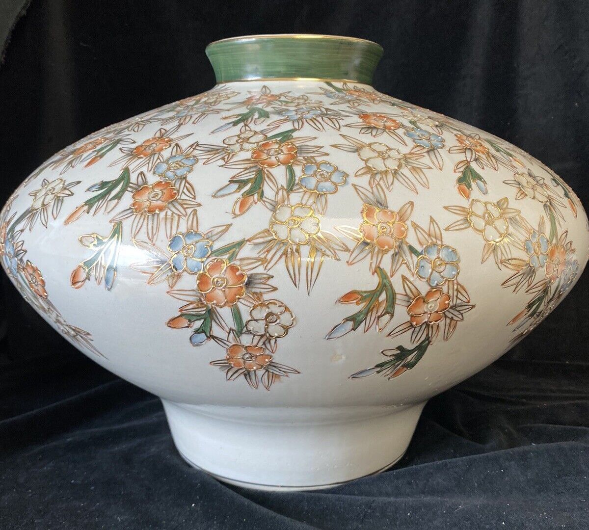 X Large Satsuma Vase On Stand Green Orange White & Gold Trim photo for sale