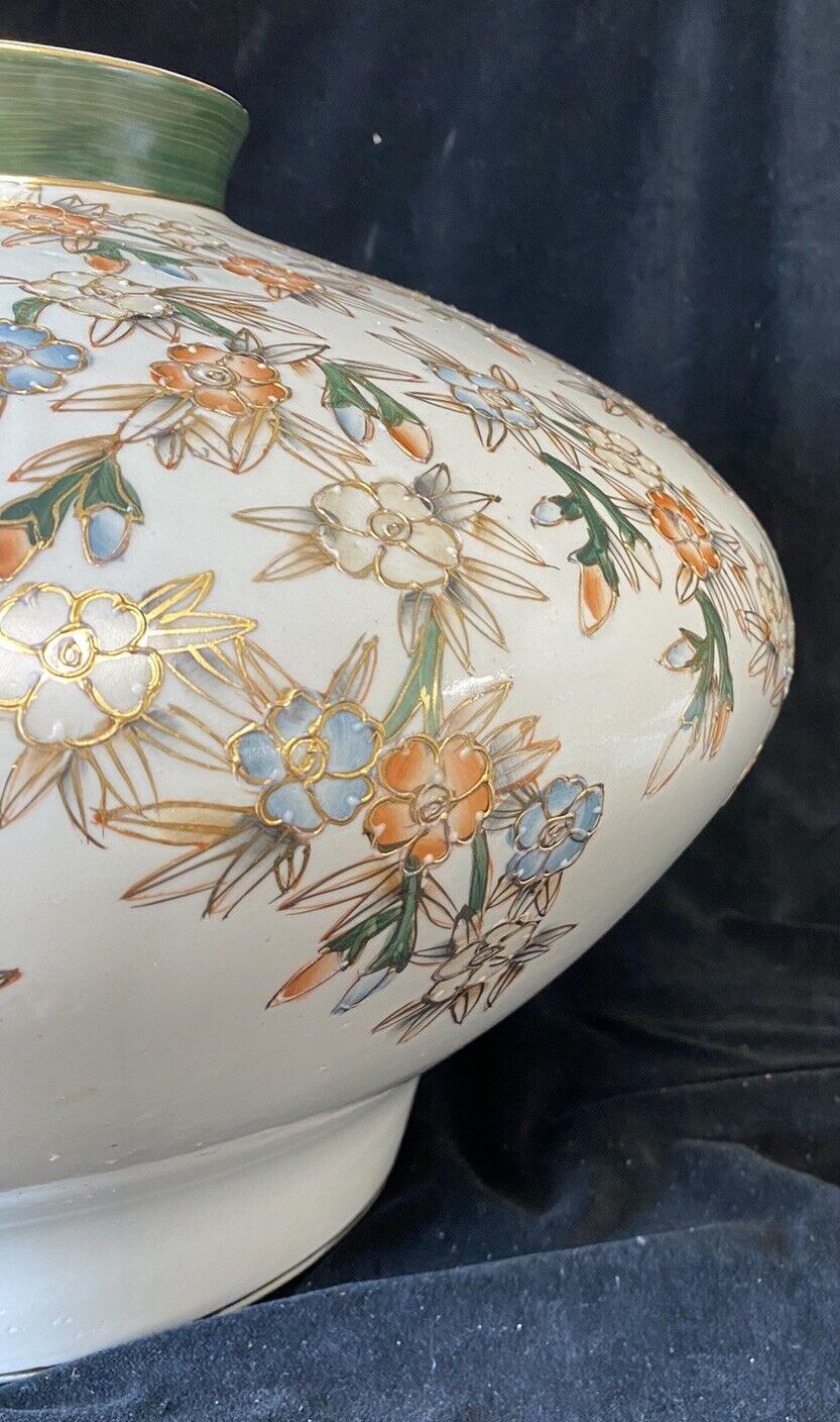 X Large Satsuma Vase On Stand Green Orange White & Gold Trim photo Home Decor