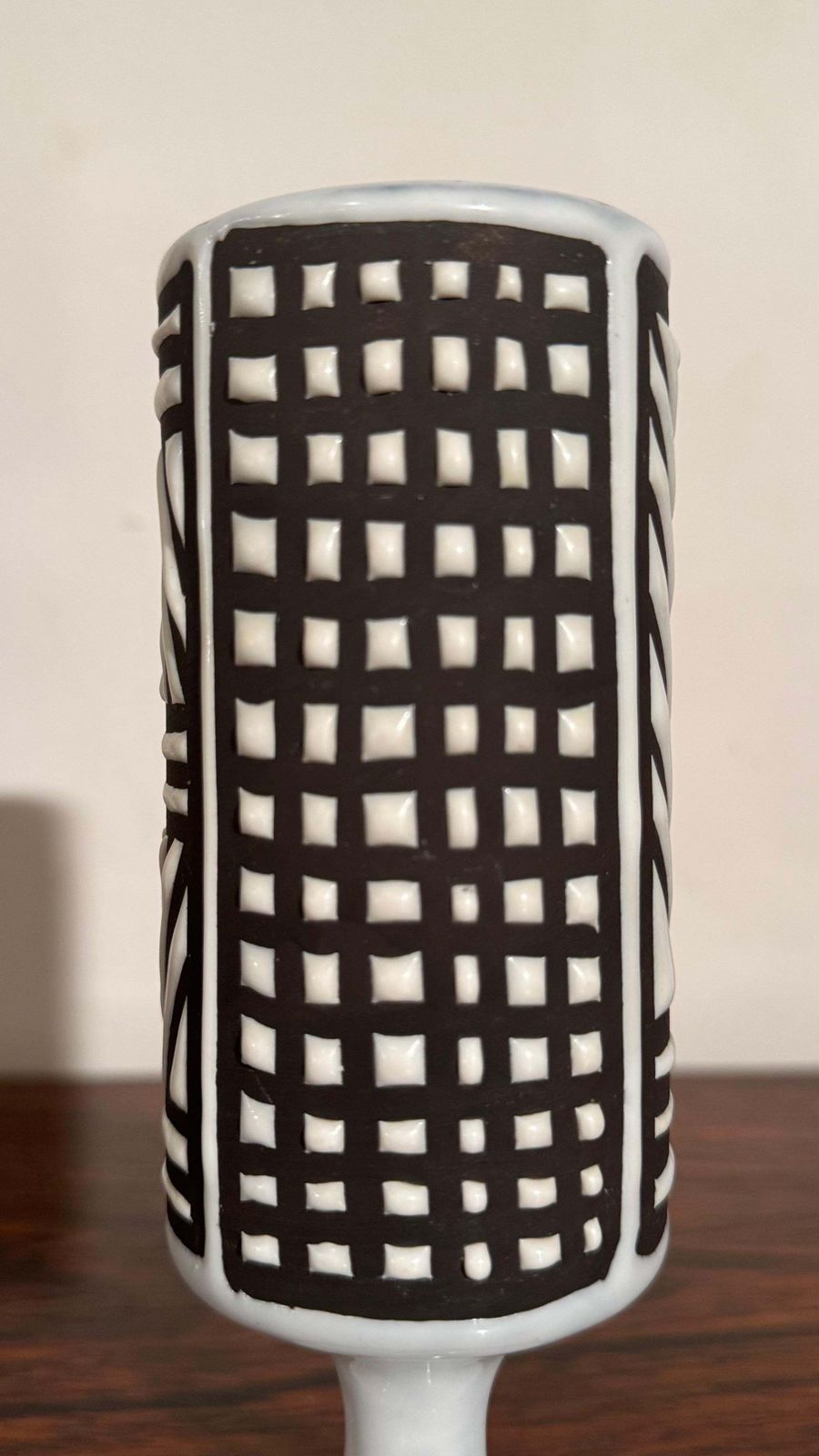 Ceramic Small Vase Black And White Graphic Geometric Design By Capron, Vallauris photo for sale