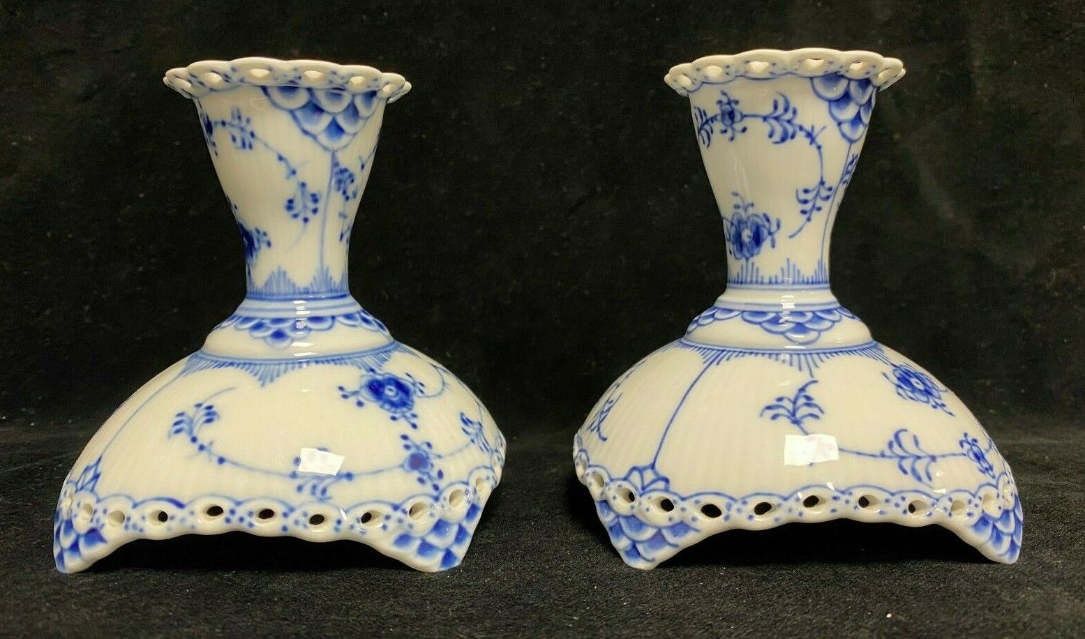 Royal Copenhagen Porcelain Blue Lace Pair Candlesticks Full Blue Lace photo for sale