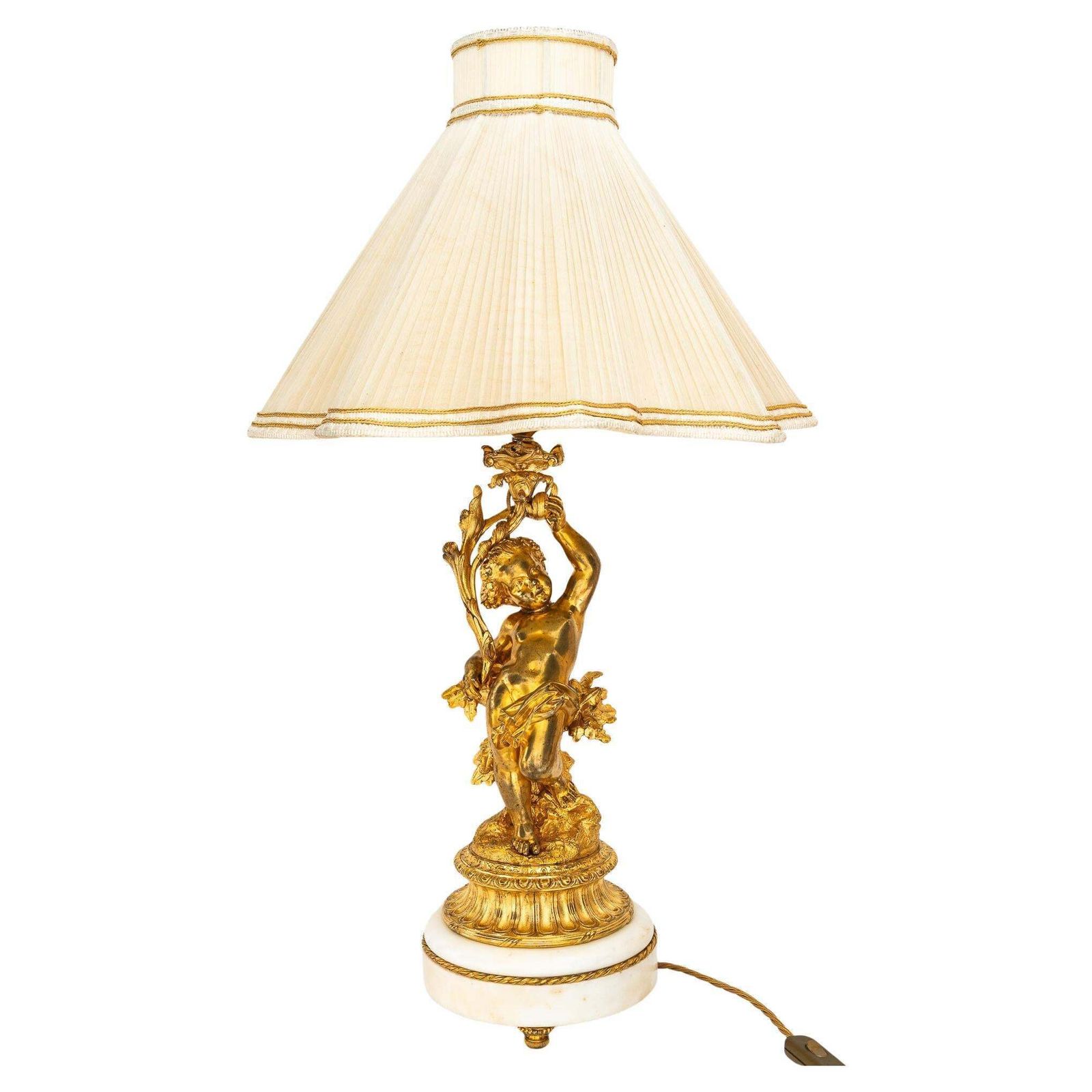 Big Historistic Fire Gilted Bronze Table Lamp With Fabric Shade France 1890s
