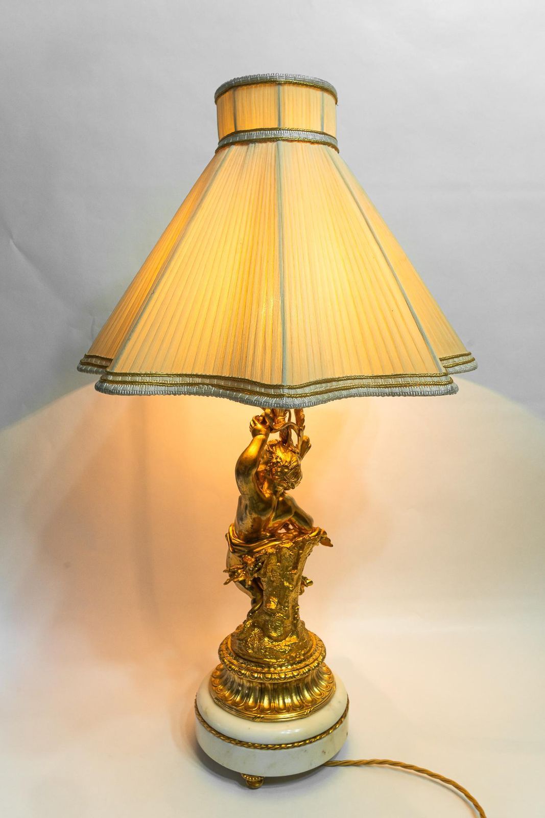 Big Historistic Fire Gilted Bronze Table Lamp With Fabric Shade France 1890s photo vintage