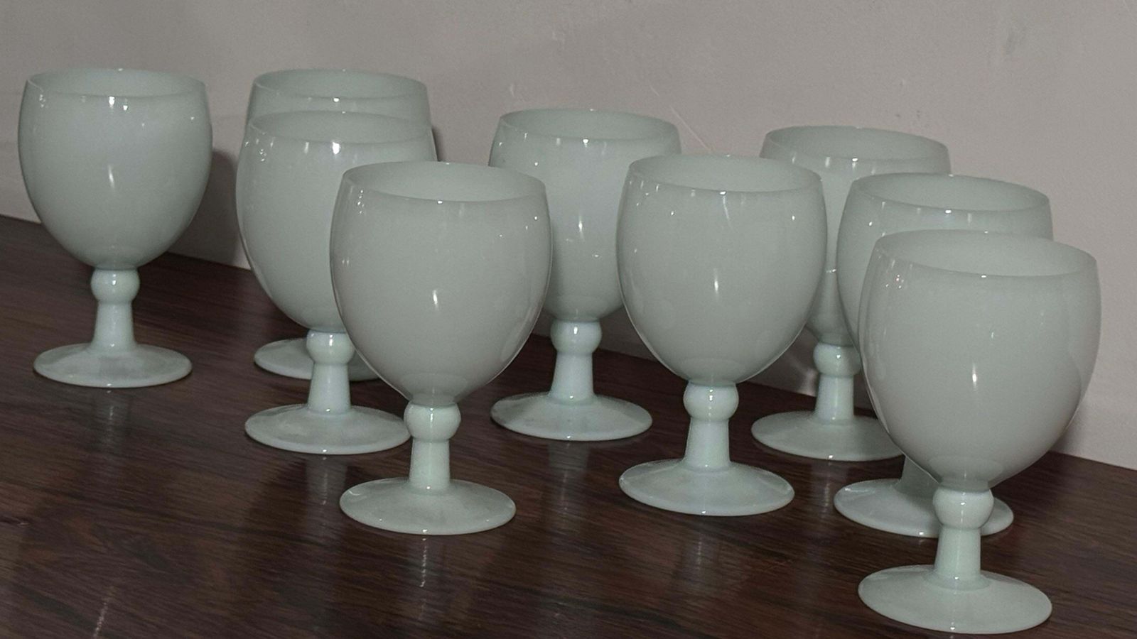 Antique Set Of Nine Opal Wine Glasses Hand Crafted In France, Portieux Vallerys photo for sale