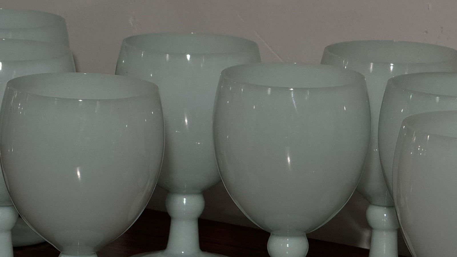 Antique Set Of Nine Opal Wine Glasses Hand Crafted In France, Portieux Vallerys photo vinterior