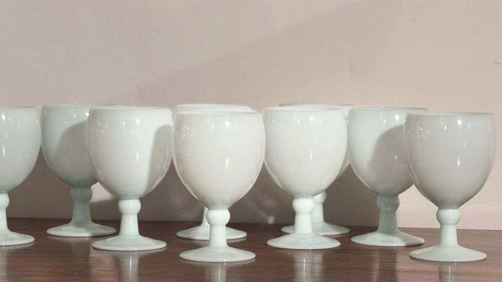 photo furniture Antique Set Of Nine Opal Wine Glasses Hand Crafted In France, Portieux Vallerys