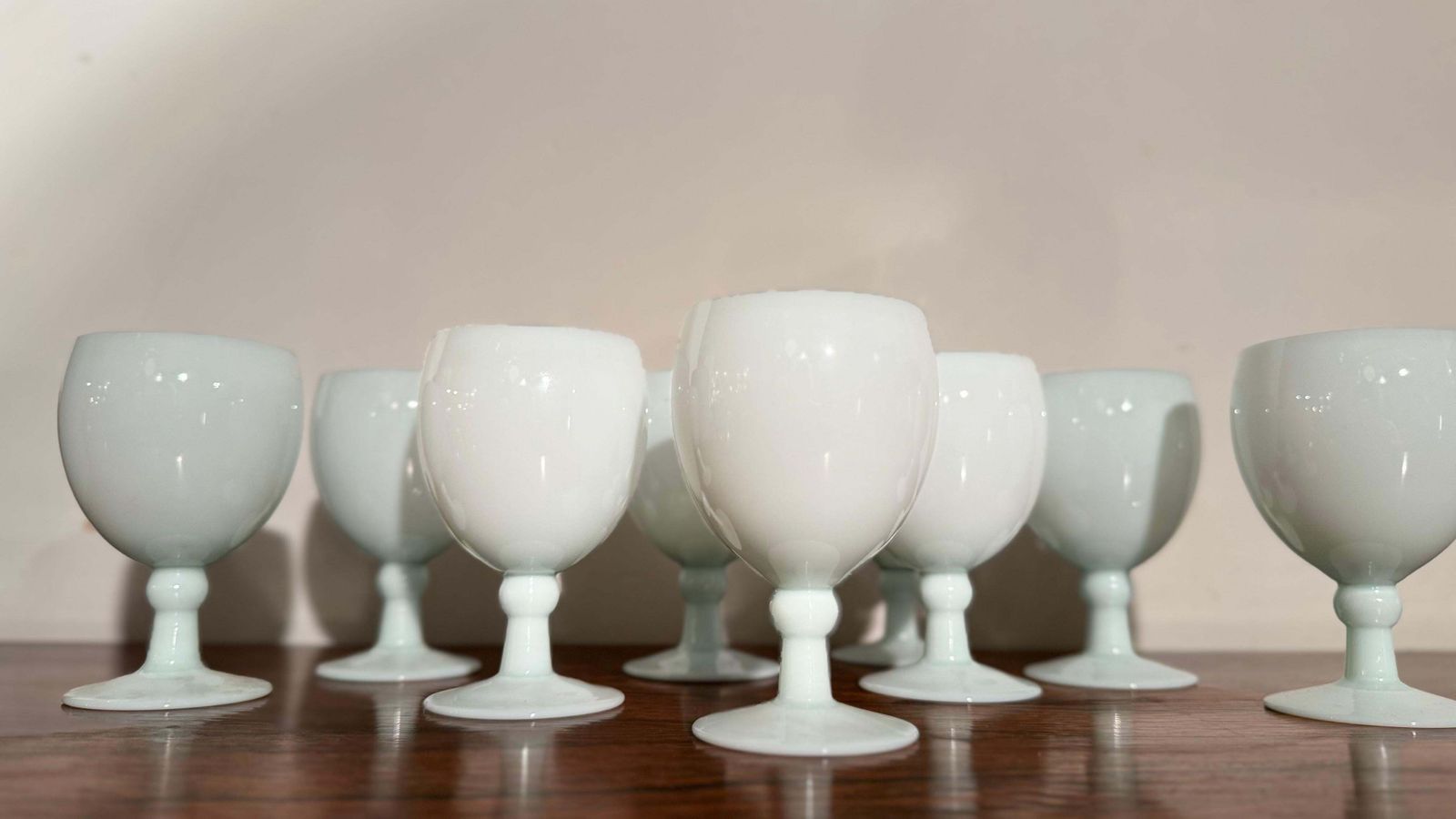 photo for sale Antique Set Of Nine Opal Wine Glasses Hand Crafted In France, Portieux Vallerys