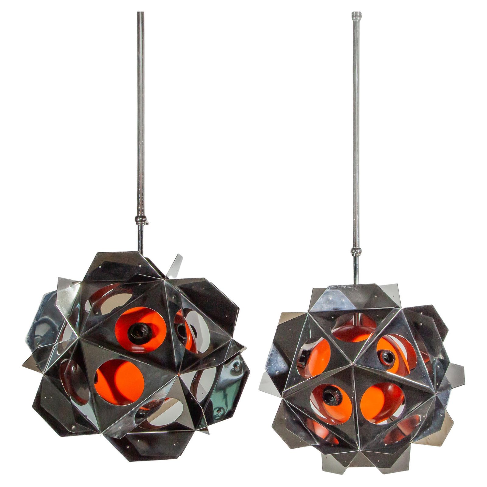 Space Age Bruno Munari Style Set Of Two Orange Geometric Chandeliers